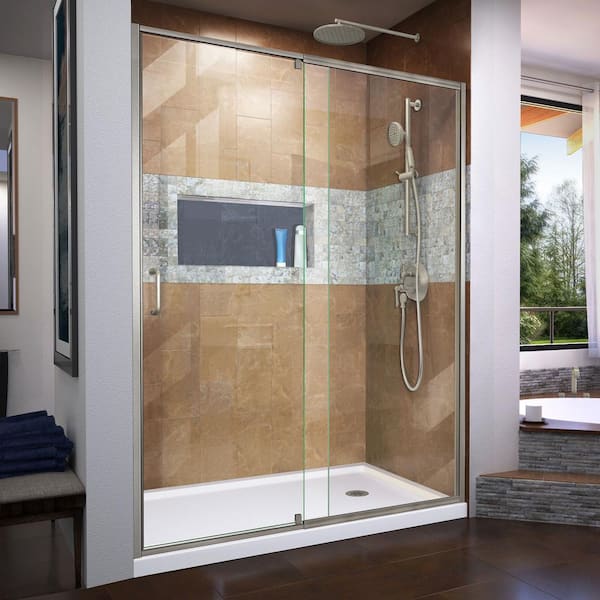 DreamLine Flex 60 in. x 72 in. Semi-Frameless Pivot Shower Door in Brushed Nickel Finish with 60 in. x 30 in. Base in White