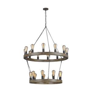 Avenir 21-Light Weathered Oak Wood and Antique Forged Iron Rustic Farmhouse Wagon Wheel Hanging Candlestick Chandelier