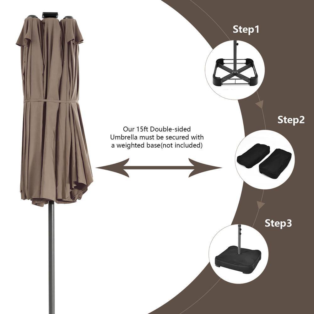 15ft Coffee Double-Sided Steel Market Patio Umbrella with Solar LED Lights