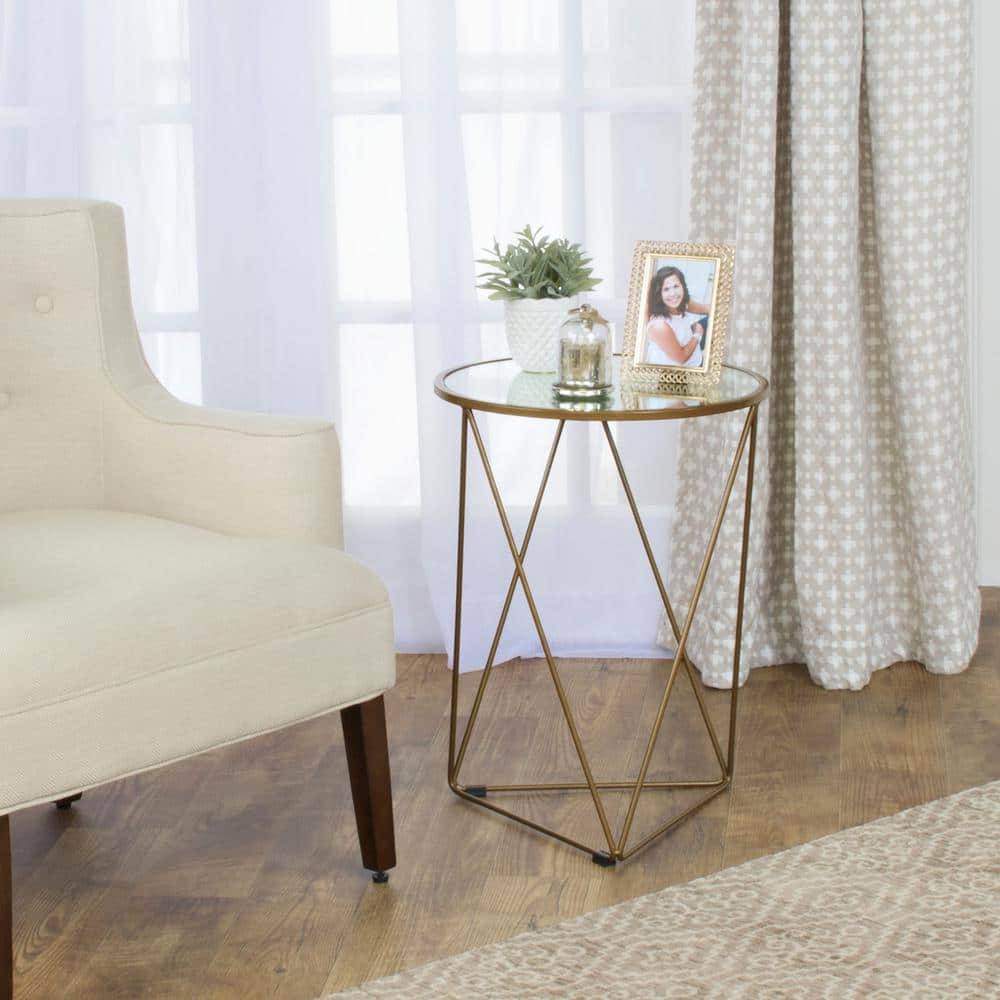 Modern Geometric Gold Metal Round Side Table with Mirrored Top
