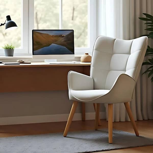 KAN Fabric Upholstered Office Chair, Ergonomic Design with Adjustable Foot Pads in Cream, Curved Wingback with Arms