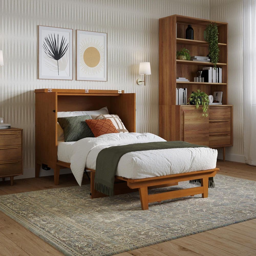 Santa Fe Light Toffee Twin Wood Murphy Bed Chest with Mattress and Charger