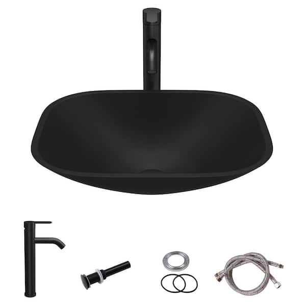 Sarlai 18.5 in. x 14.37 in. Drop-in/Topmount Rectangle Bathroom Glass Vessel Sink with Faucet and Drain in Matte Black