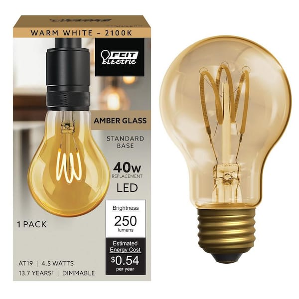 40-Watt Equivalent A19 Dimmable H Shape Filament Amber Glass E26 Vintage Edison LED Light Bulb, Warm White