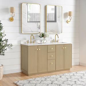 Oza 60 in.W x 22 in.D x 33.9 in.H Double Sink Bath Vanity in Natural Oak with White Quartz Stone Top and Mirror