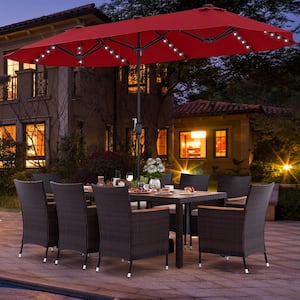 11-Piece Wicker Outdoor Dining Set with Wine 15 ft. Double-Sided Patio Umbrella and Base, Beige Cushion