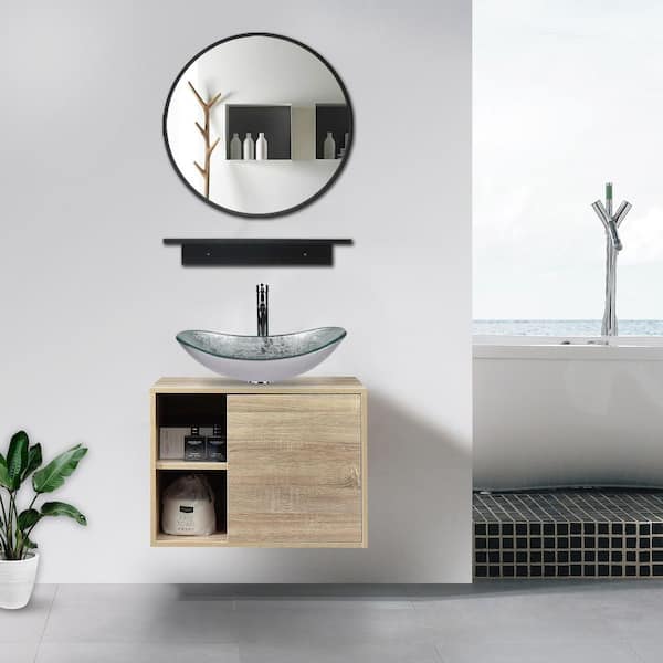 Puluomis 24 in. W x 19 in. D x 17 in. H Single Sink Burlywood Bath Vanity with Silver Solid Surface Top Sink and Mirror