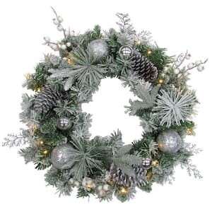 24 in. Pre-Lit Artificial Christmas Wreath with Ornaments, Pinecones, and Berries
