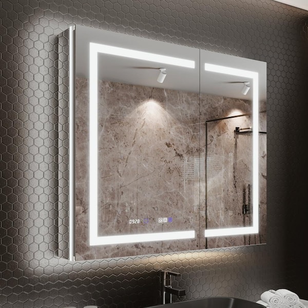 42 in. W x 36 in. H Rectangular Aluminum Recessed/Surface Mount LED Medicine Cabinet with Mirror, 10X Magnifier, USB