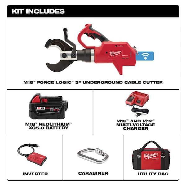 M18 18V Lithium-Ion Cordless FORCE LOGIC 3 in. Underground Cable Cutter W/ (1) 5.0Ah Battery, Charger, Tool Bag