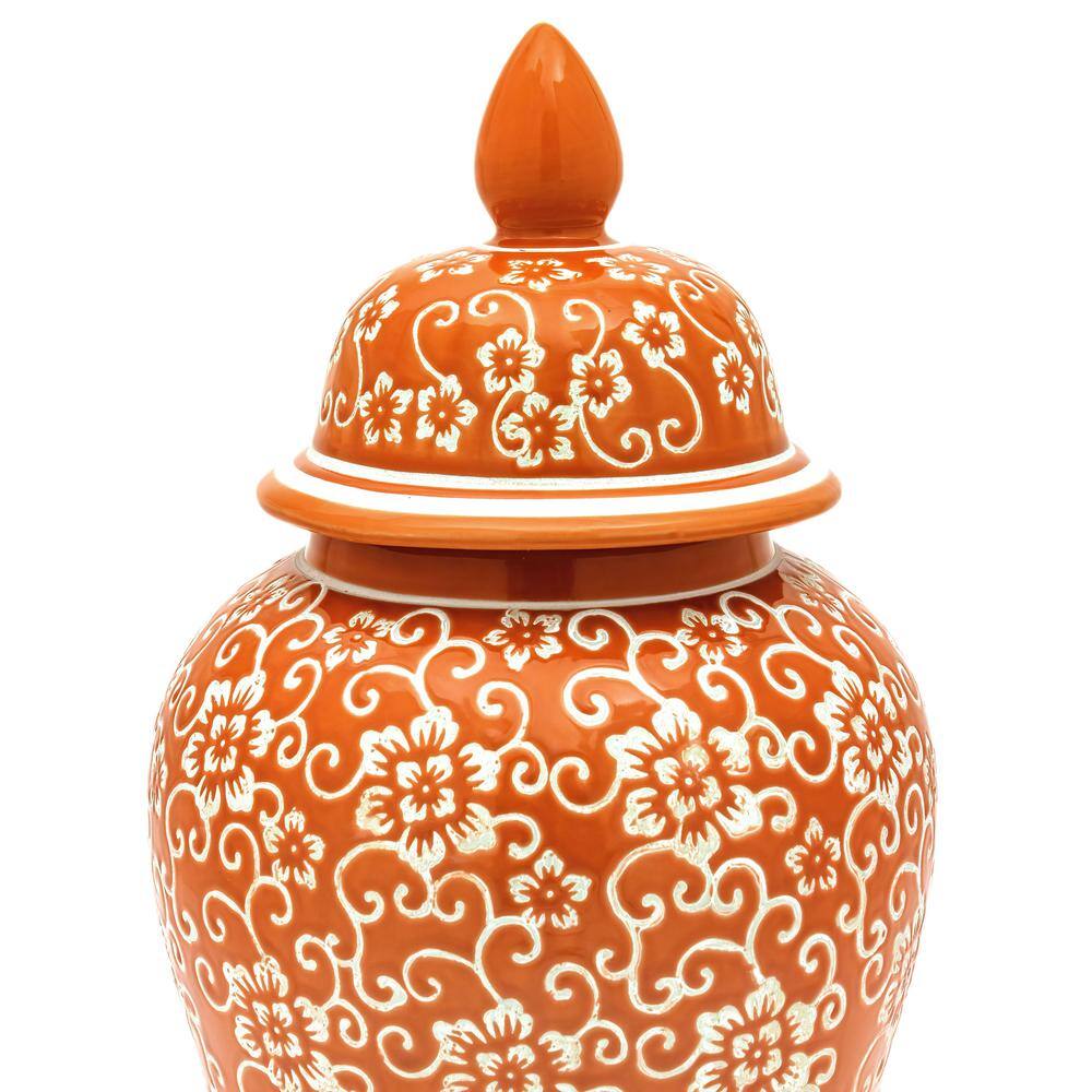 18" Orange and White Floral Porcelain Temple Jar