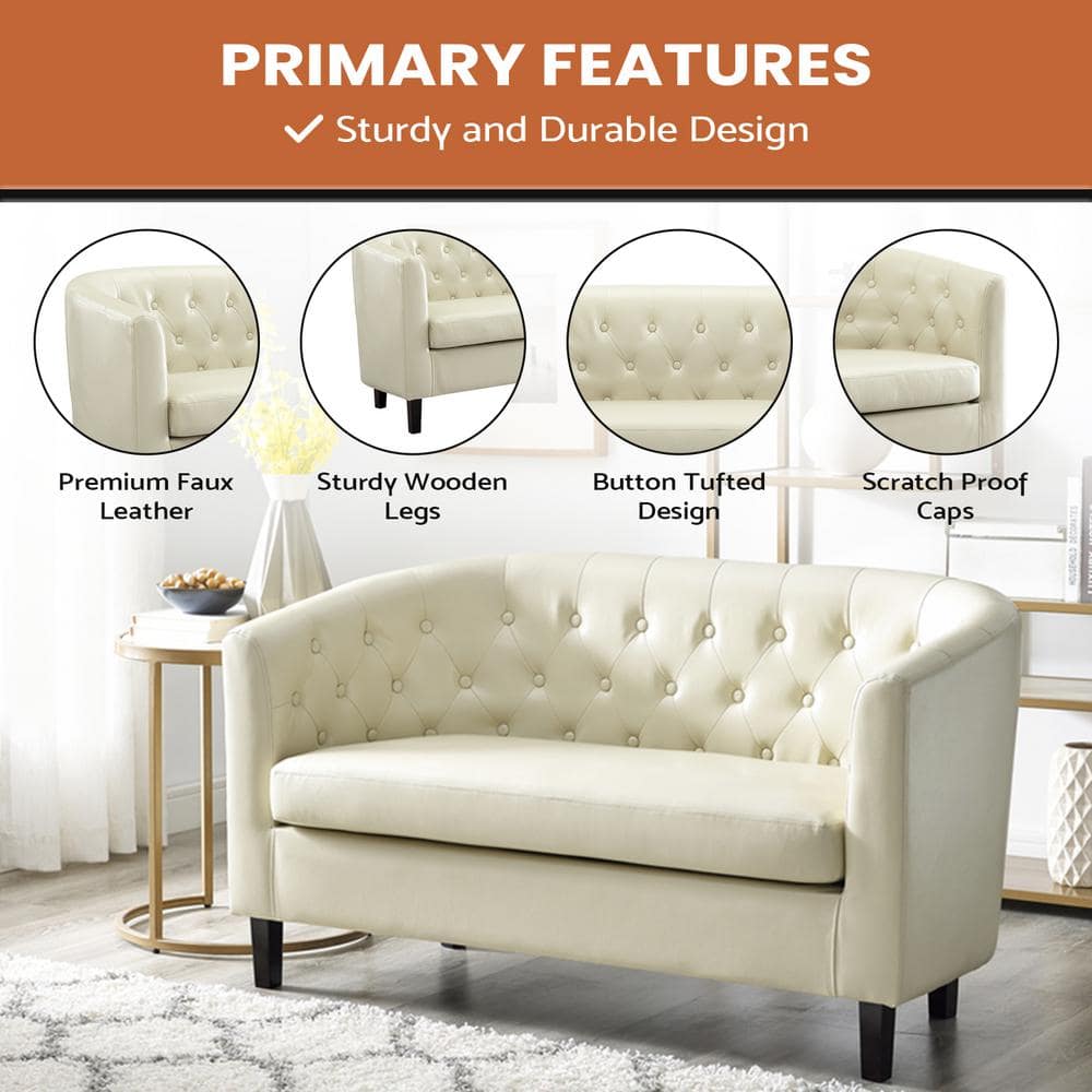 Cream Tufted Faux Leather Loveseat with Wooden Legs