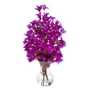 22 in. Purple Artificial Bougainvillea Floral Arrangement with Fluted Glass Vase