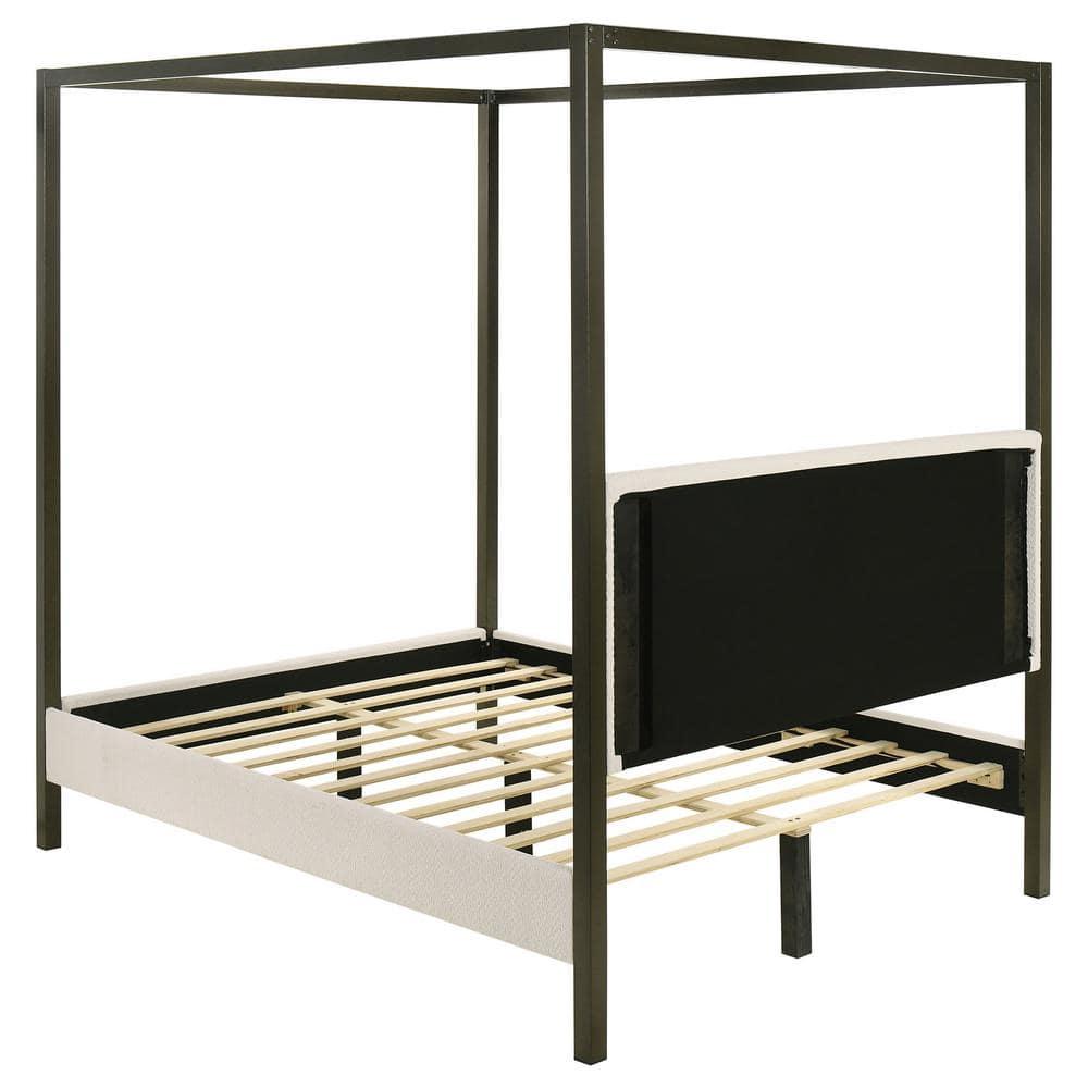 Cream Upholstered Queen Canopy Bed with Metal Frame