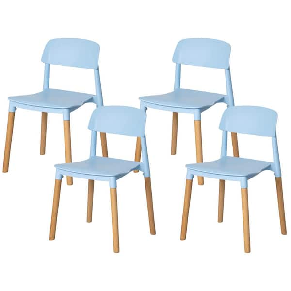 FABULAXE Blue Modern Plastic Dining Chair Open Back with Beech Wood Legs, Set of 4