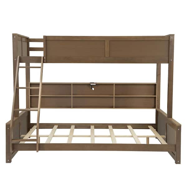 Antique Wood Color Twin XL Over Queen Wood Bunk Bed with Storage Shelves and USB Ports