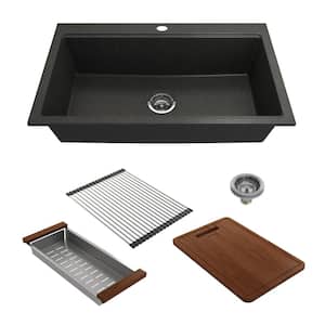 Baveno Lux Metallic Black Granite Composite 34 in. Single Bowl Drop-In/Undermount Kitchen Sink w/Integrated WS & Acc