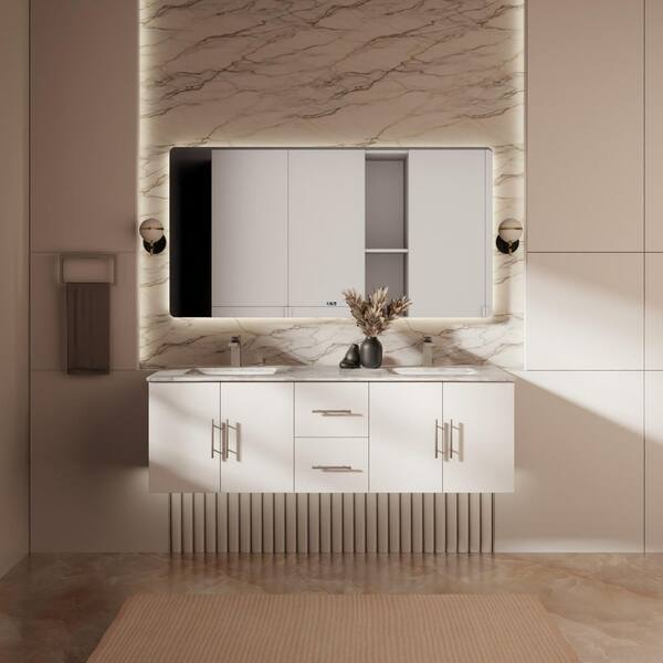 Geneva 60 in. W x 22 in. D Glossy White Double Bath Vanity without Top
