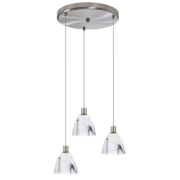 Radionic Hi Tech Industrial Chic 3-Light Satin Chrome Round Pendant with White Black Marble Glass