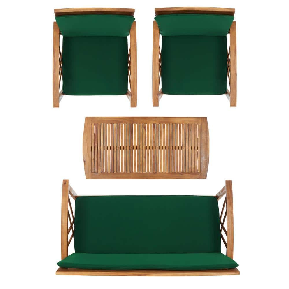 Fontana Natural Acacia Wood 4-Piece Patio Set with Green Cushions