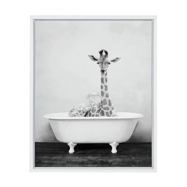 Kate and Laurel Sylvie "Giraffe 2 in the Tub" by Amy Peterson Art Studio Framed Canvas Wall Art 18 in. x 24 in.