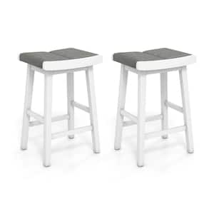 2-Piece Gray White Backless Wood Saddle Counter Bar Stool with Linen Seat, 26 in. H