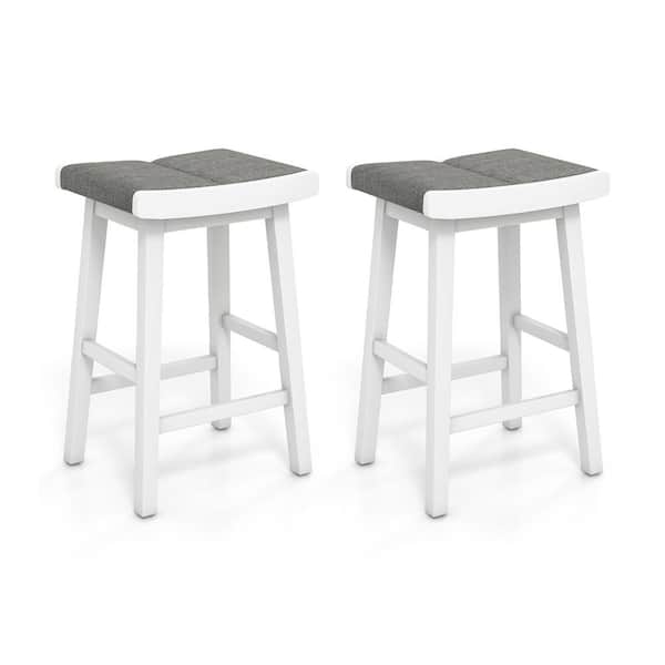 ANGELES HOME 2-Piece Gray White Backless Wood Saddle Counter Bar Stool with Linen Seat, 26 in. H
