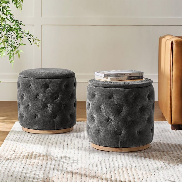 Tiffany Grey Polyester Round Ottoman with 360° Swivel Solid Wood Base Set of 2