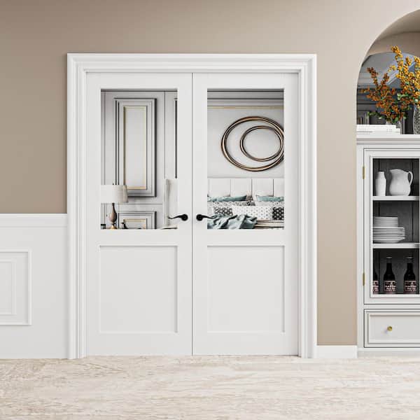 56 in. x 80 in. Half Lite Mirrored Glass Solid Core MDF White Primed Double French Door with Assemble Jamb Kit