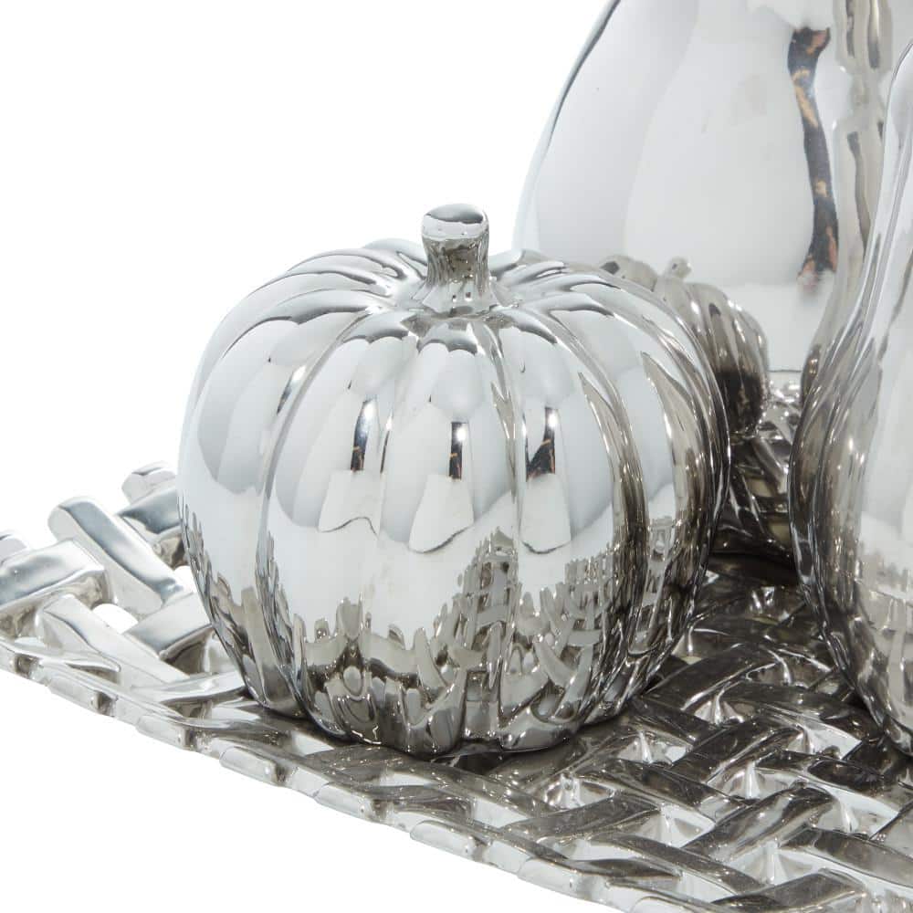 Silver Ceramic Fall Fruit Sculpture Set with Decorative Grid Plate