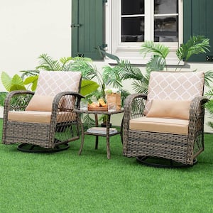 3-Piece Wicker Patio Conversation Set with Rocking Swiveling and Beige Cushions