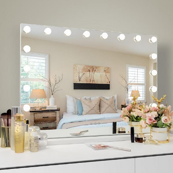 32 in. W x 24 in. H Large Rectangular Framed Dimmable LED Tabletop Mounted Bathroom Makeup Mirror in White
