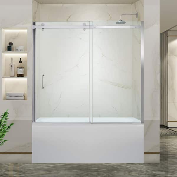 Lonni 56 in.- 60 in. W x 58 in. H Sliding Frameless Bathtub Door in Chrome with 5/16 in. (8 mm) Clear Glass
