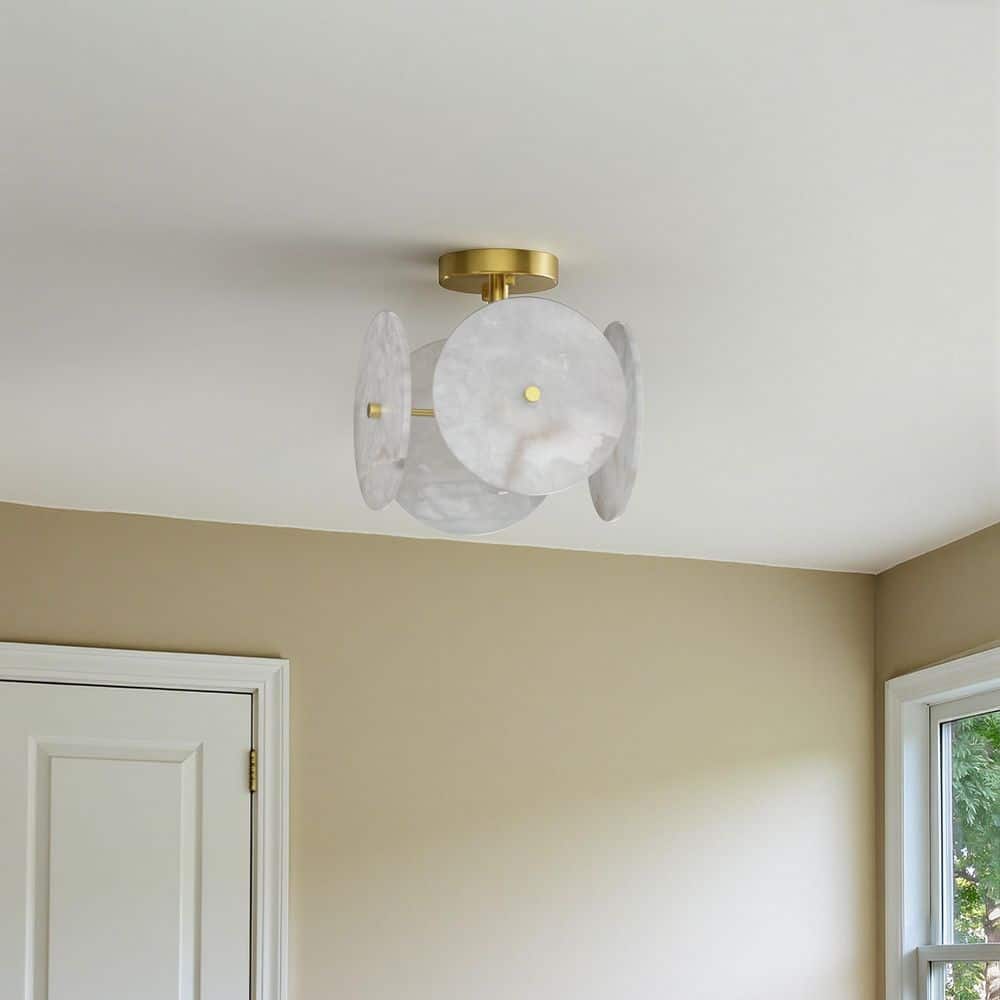 9.8 in. Modern Square Brushed Gold Semi-Flush Mount For Bedroom Kitchen Foyer Living Room With White Jade Marble Shade price history on PriceWatchPro