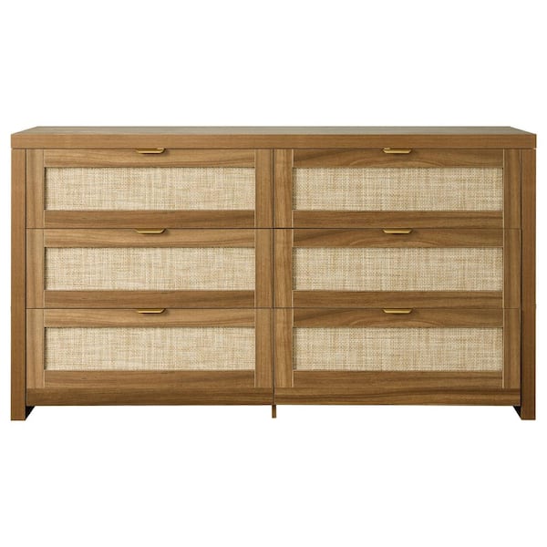 6-Drawer Rattan Dresser, Double Chest of Drawers with Metal Handles, Bedroom Clothing Storage Organizer