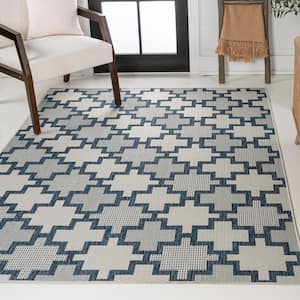 Cyrus Modern Geometric Tile Pattern Navy/Cream 3 ft. x 5 ft. Indoor/Outdoor Area Rug