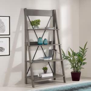 68 in. Gray Wood 4-shelf Ladder Bookcase with Open Back