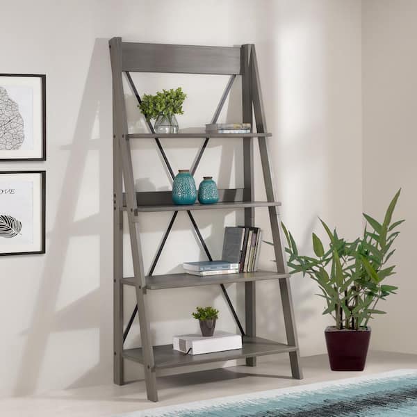 Gray Wood 4 Shelf Ladder Bookcase, Open Back Wood Bookcase