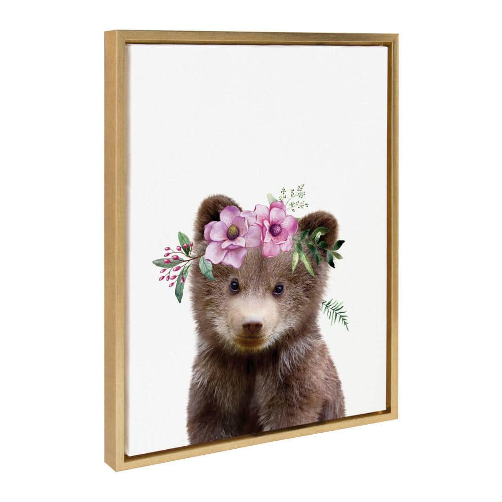 Bright Gold Framed Canvas Print of Flower Crown Bear for Nursery