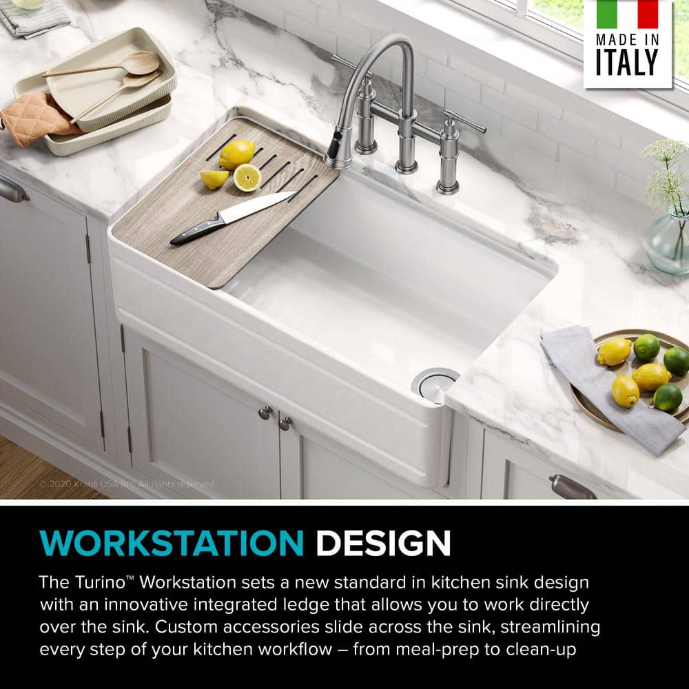 Gloss White Fireclay Farmhouse Single Bowl Kitchen Sink with Accessories