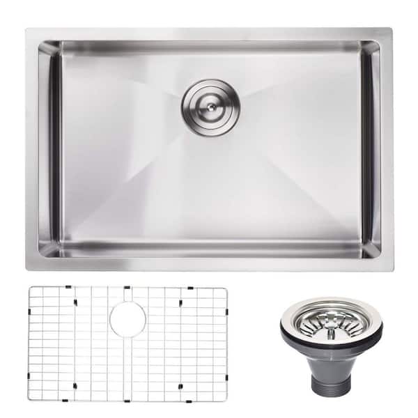 27 in. Undermount Single Bowl 18 Stainless Steel in Silver Kitchen Sink with Sink Grid