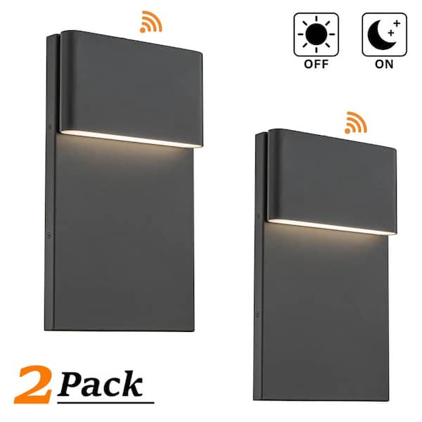 1-Light 15 in Modern Black Square 13-Watt Integrated LED Outdoor Wall Lantern Sconce with Dusk to Dawn Sensor (2 Pack)