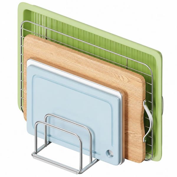 Silver 304 Stainless Steel Cutting Board Organizer with 4 Slots and Non-Slip Base for Countertop or Cabinet Storage