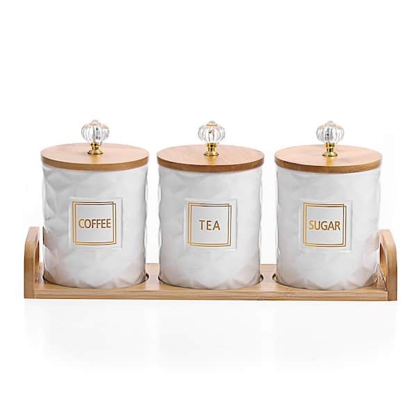 3-Piece Ceramic Canisters Set with Handle Tray, White Ceramic Storage Jar for Kitchen, Dining Counter