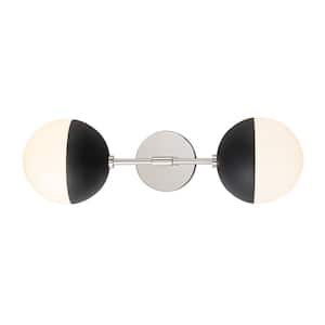Goouu 21.9 in.W 2-Light Polished Nickel/Black Up and Down Lighting Vanity Light w/Milk White Glass Shades for Bathroom