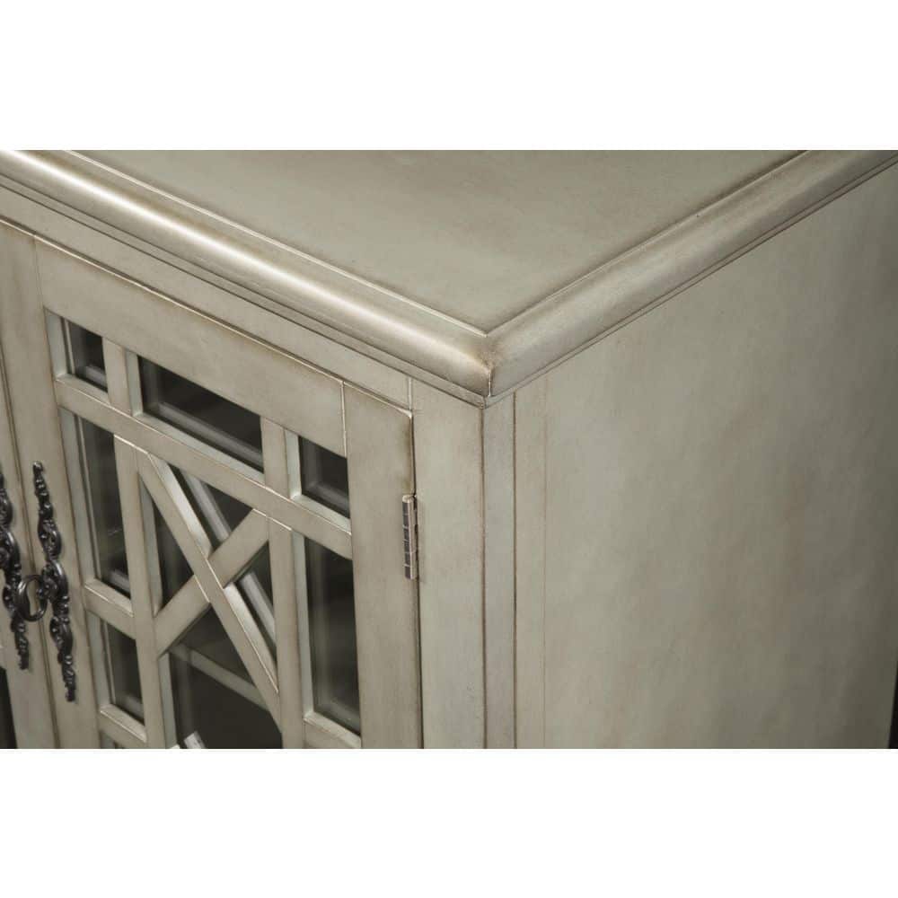 Antique Silver Wood TV Stand with Glass Doors