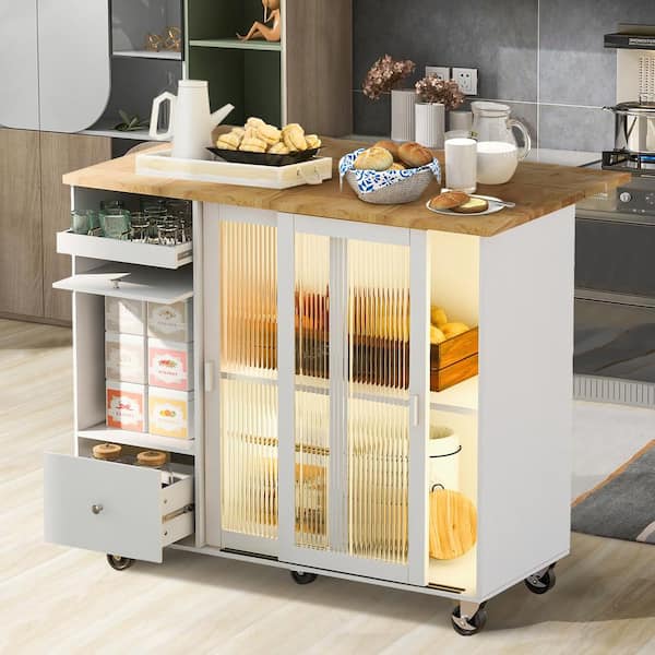Zeus & Ruta White Wood 44 in. Kitchen Island with Drop Leaf, LED Light and 2 Fluted Glass Doors