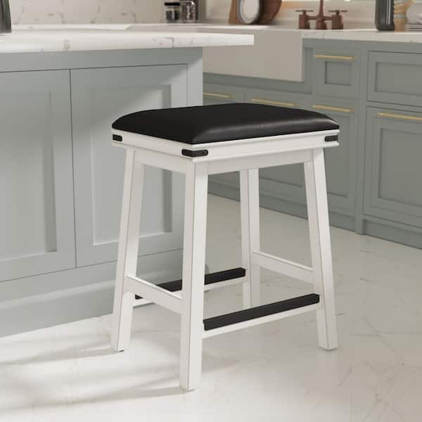 Cedaris 24 in. H Antique White Wood Frame Backless Counter Stool with Black Leather Seat