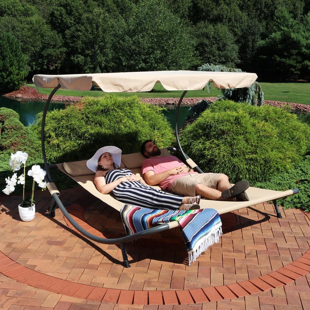 Cabana-Inspired Double Chaise Outdoor Bed with Canopy, Cream