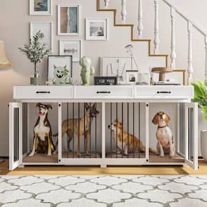 Indestructible Dog Kennel with Removable Irons for 2 Medium Dogs, Modern Large Dog Crate Furniture with 3-Drawers, White